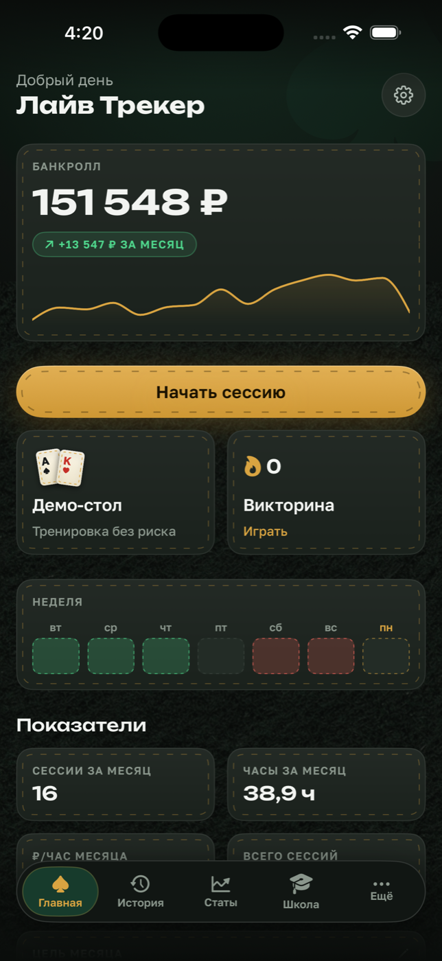 Главный экран: банкролл и активная сессия